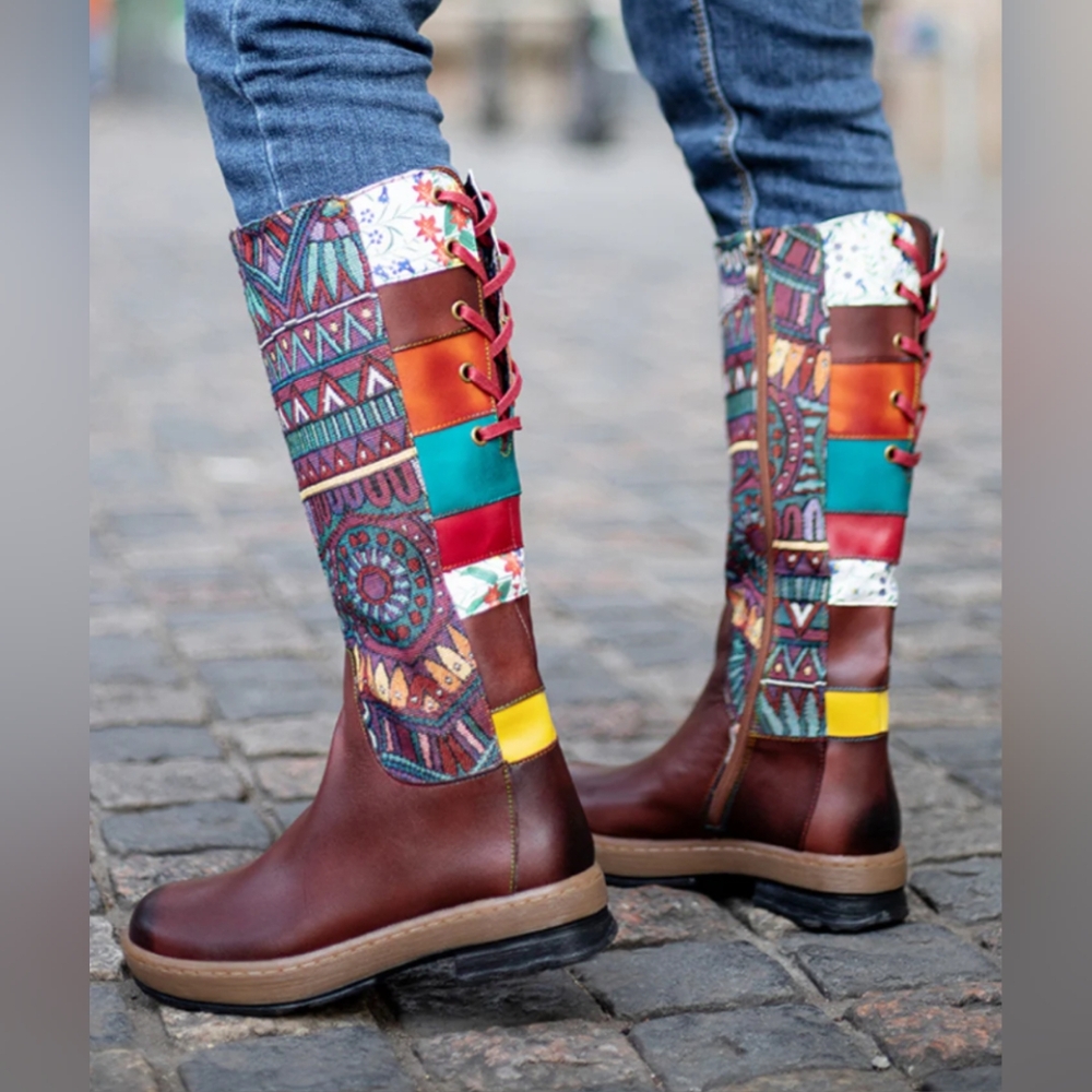 Soffia | Genuine Leather Brown Geometric Lace-Up Back Flat Knee Boots